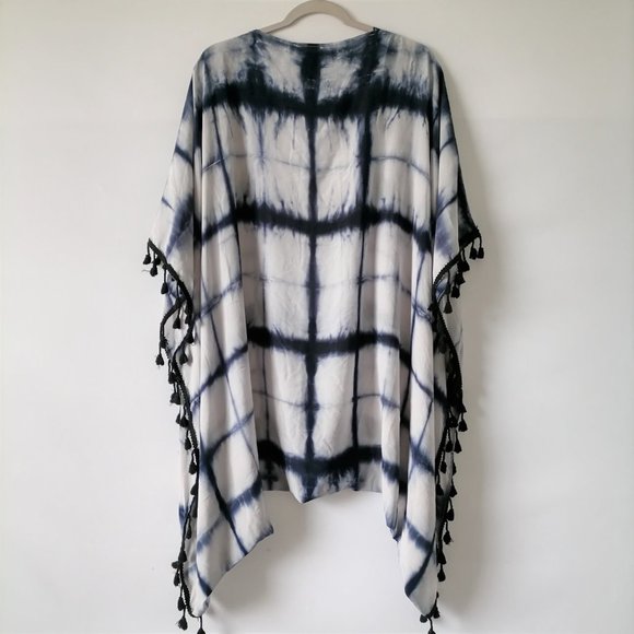 Elevenses Womens Blue & White Tie Dye Silk Poncho Kimono Blouse Top One Size - Picture 4 of 7